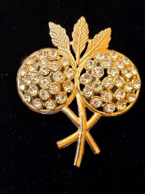 Vintage Gold Tone Cherry Rhinestone Brooch Pin